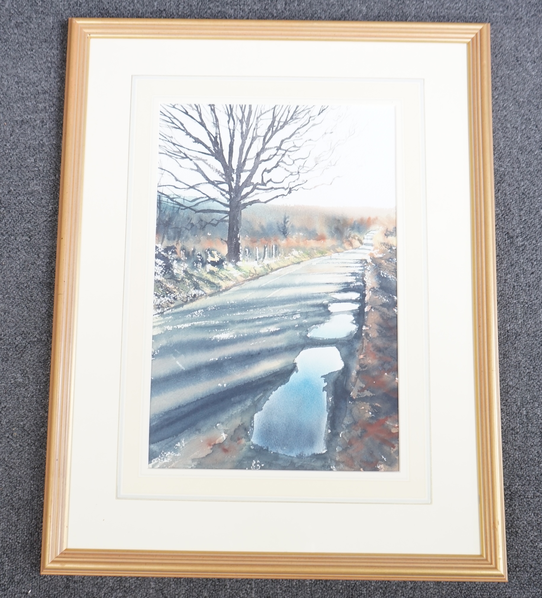 Joe Francis Dowden, watercolour, 'Puddles! - Really the Road to Somewhere in Surrey / Sussex', 39 x 29cm. Condition - good